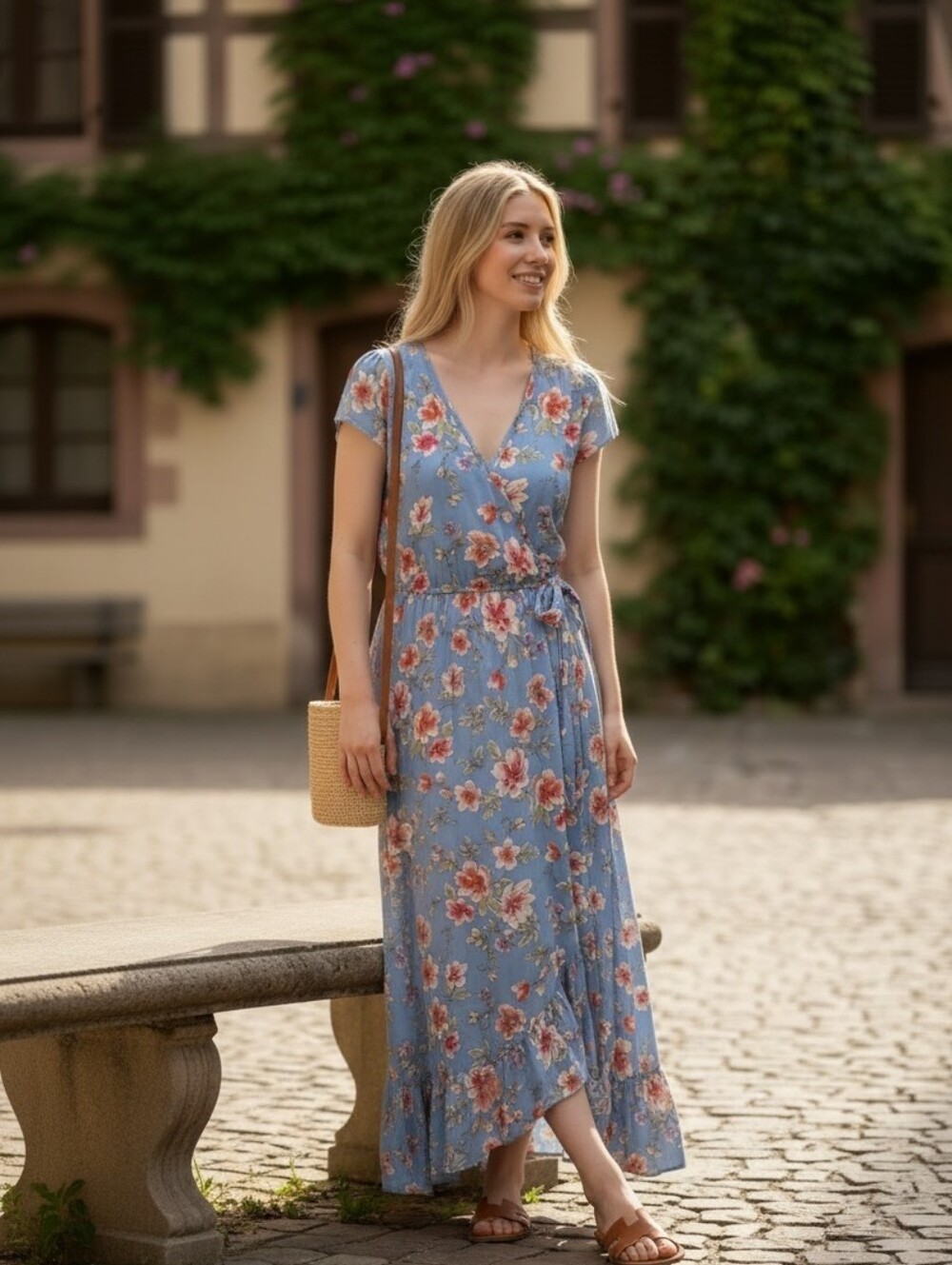Floral Wrap Maxi Dress in Light Blue